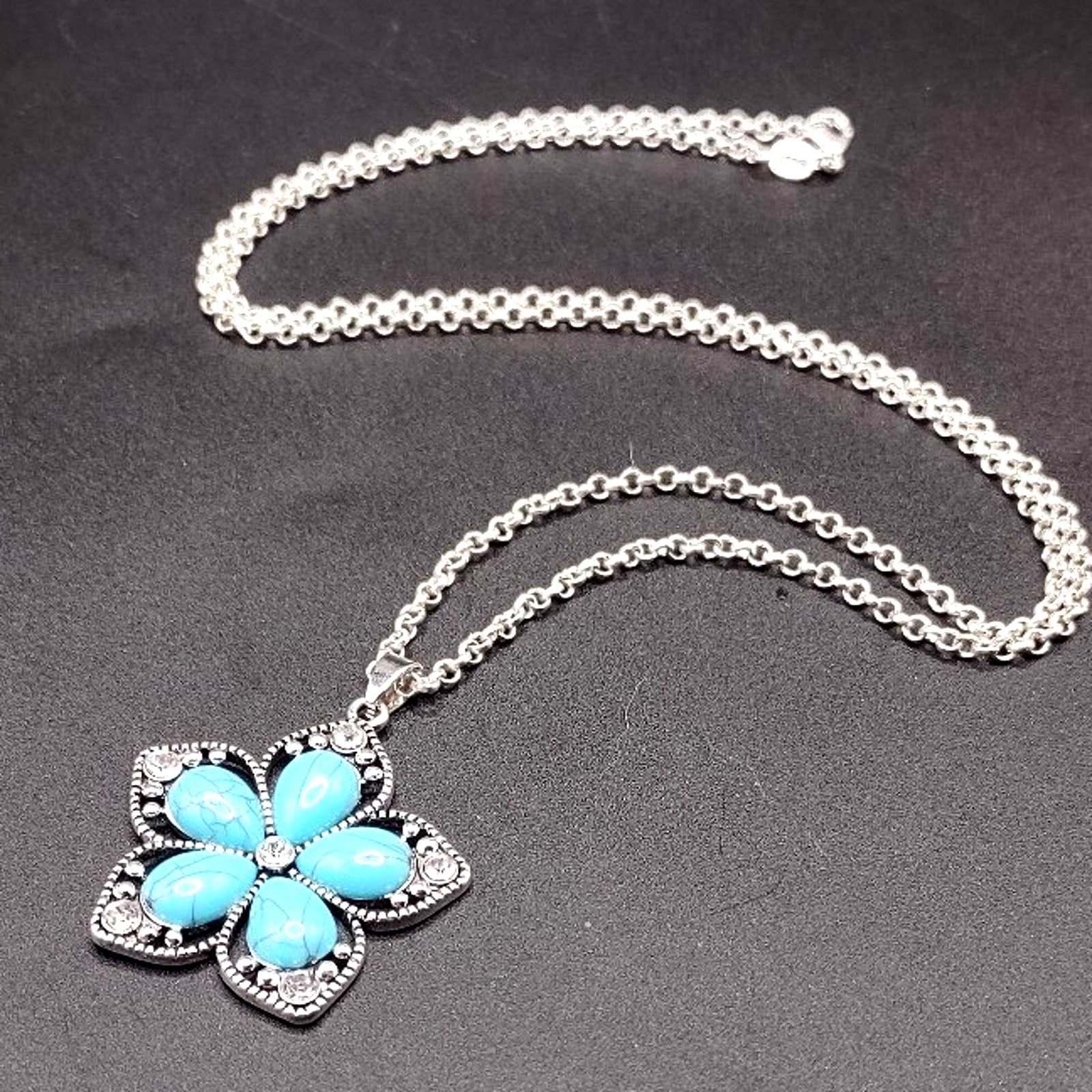 925 Silver Necklace W Turquoise Flower White Cz Statement Boho Womans Gift 49$